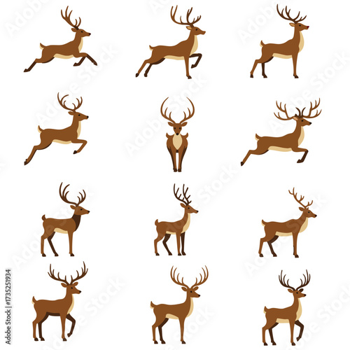 Eleven stylized brown deer in various poses isolated on a white background