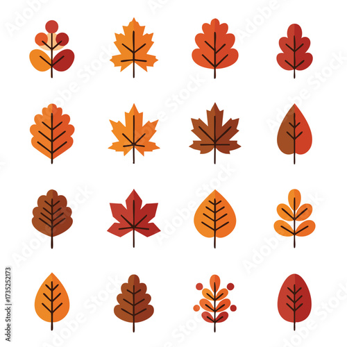 Flat vector autumn leaves in grid pattern with various shapes and colors
