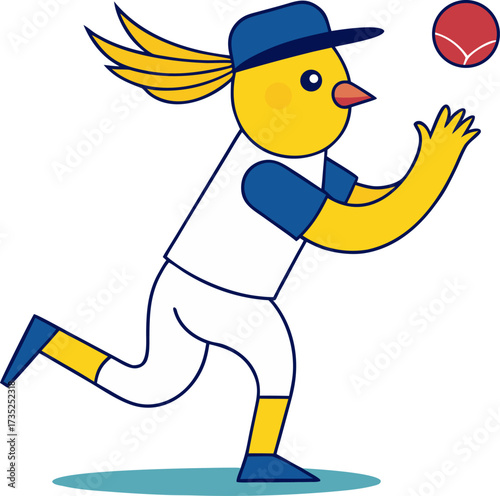 Cartoon bird playing baseball wearing a cap and uniform trying to catch the ball