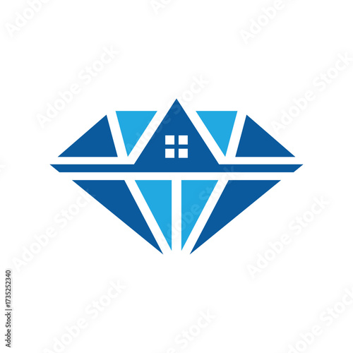 this image is a flat logo design of a diamond shape in combination with a roof of a house as the focal point. It looks clean in blue color combination on a white background. 