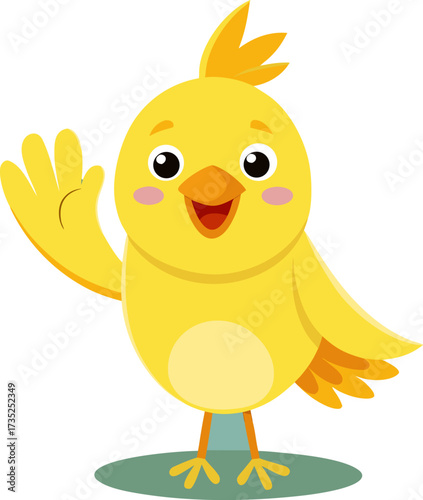 Cheerful yellow chick waving its wing standing on a green patch of grass happily
