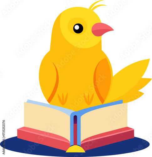 Cute yellow bird sitting on a stack of books against a white background