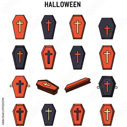 Halloween image with coffin illustrations in orange and black colors arranged in rows