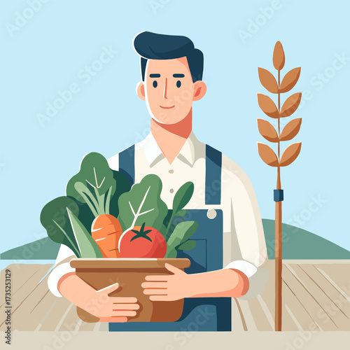 Smiling Farmer Holding Vegetables in Brown Pot with Wheat Stalk Illustration