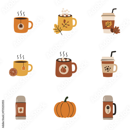 Nine autumnthemed drink and pumpkin icons arranged in a grid on a white background