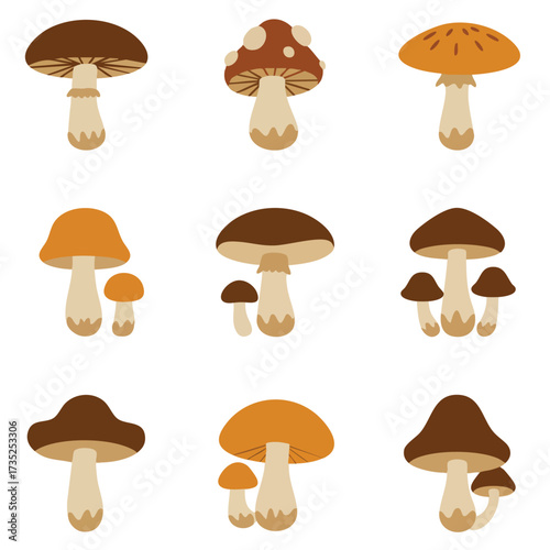 Nine cartoon mushroom illustrations with caps in brown and orange hues presented against a white backdrop