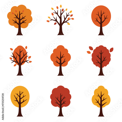 Nine stylized fall trees with round crowns in warm colors arranged in a grid on a white background