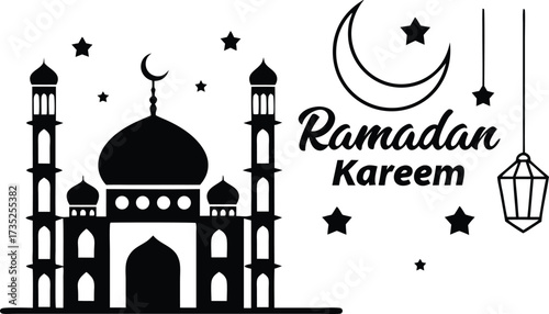 Ramadan kareem greeting card design featuring a silhouetted mosque with minarets crescent moon hanging lantern and stars on a white background
