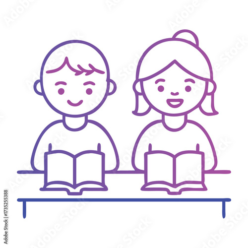 Two happy cartoon children a boy and a girl sitting at a desk reading open books in a simple line art illustration style