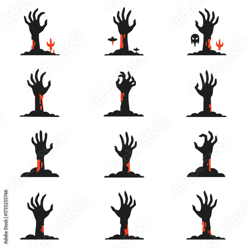 Zombie hands icons set emerge from the ground in a spooky display