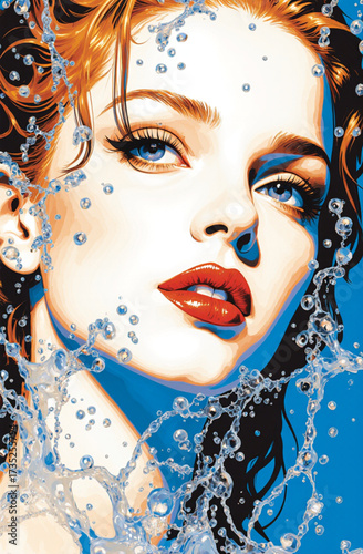 Glamorous woman s face emerging from water with splashing droplets