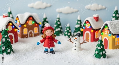 A girl in a red coat is standing in the snow next to a snowman