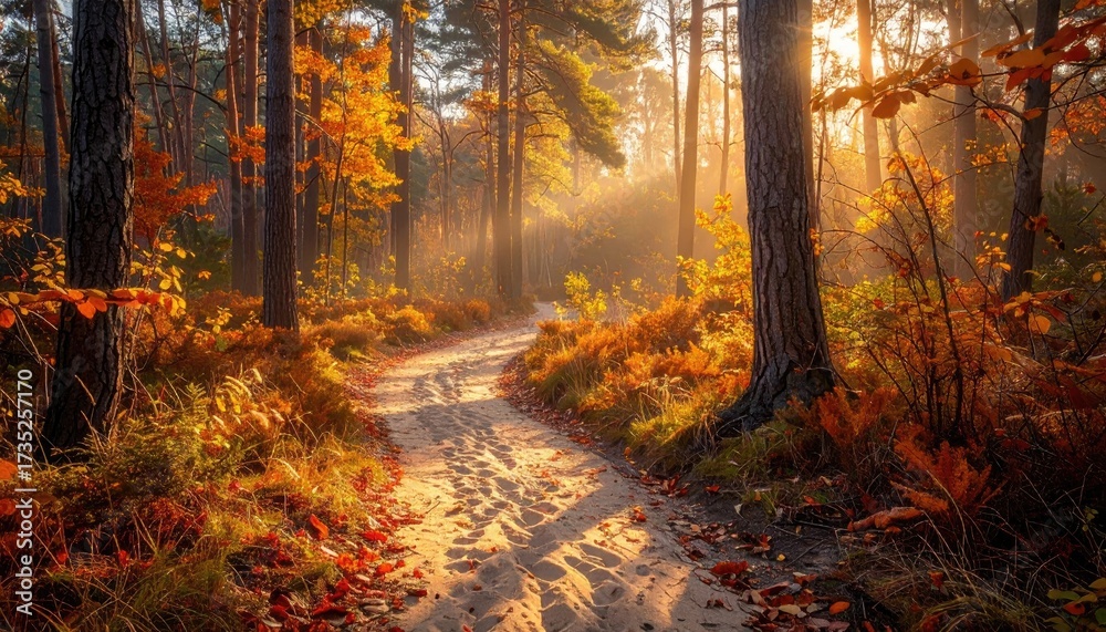 Obraz premium Sunlit Forest Path with Autumn Foliage and Golden Light Rays Scenery Tranquil Woodland Trail in Warm Tones Woodland Ambiance Outdoor Nature with Trees and Leaves