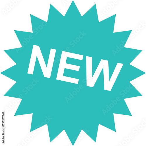 New product announcement sticker in turquoise and white color scheme