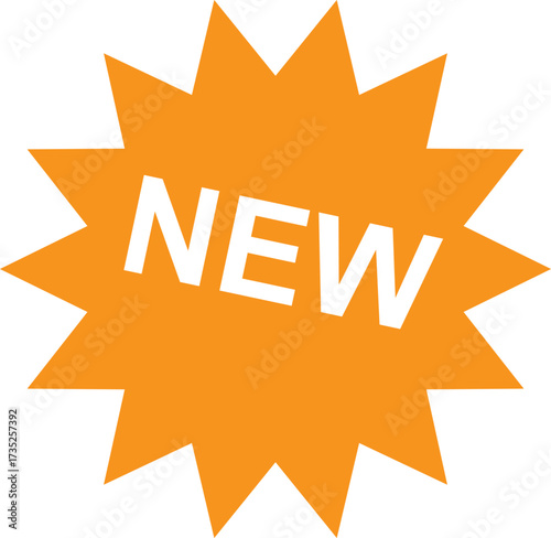 Bright orange burst with the word new in white font