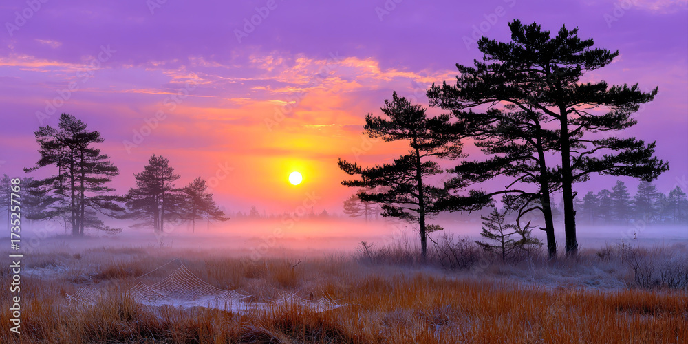 Fototapeta premium A breathtaking sunrise bathes a misty meadow in vibrant orange and pink hues, silhouetting pine trees and illuminating intricate spiderwebs clinging to the frost-kissed grass.