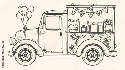 Vintage food truck with balloons and pennant banner selling food and plants in black and white outline style