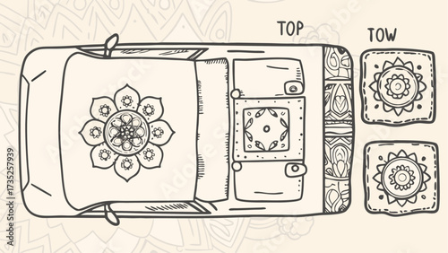 Top view of a decorated car with floral patterns and two decorated towing squares in line art style