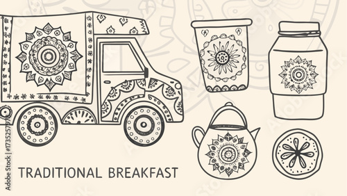 Ornate truck with coffee cup jar teapot and sliced fruit in a hand drawn style illustration art