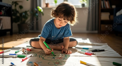 Toddler sitting on the floor drawing with green marker on paper in sunlit room.