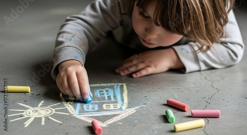 Young child drawing house and sun with colorful chalk on concrete ground
