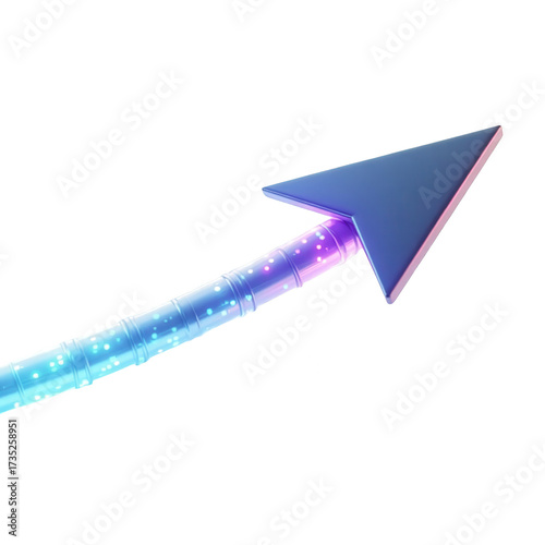 Vibrant futuristic arrow in a diagonal composition pointing upwards, showcasing a glowing, translucent effect against a black background, emphasizing technological concepts and progress.
