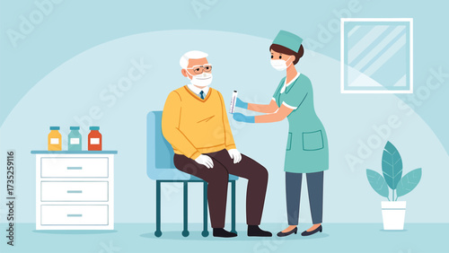 Nurse giving vaccine injection to elderly woman in medical clinic illustration

