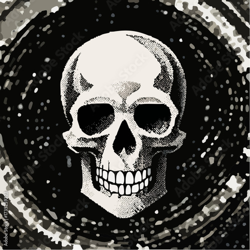 Skull Imagery: The stark image of a human skull, meticulously drawn, against an abstract backdrop, the image is full of depth and a sense of mystery. 
