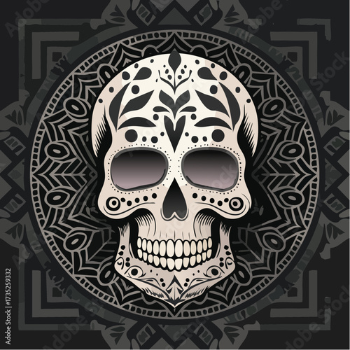 Dia de los Muertos Sugar Skull: An intricate sugar skull, adorned with delicate floral patterns and set against an elegant mandala background.