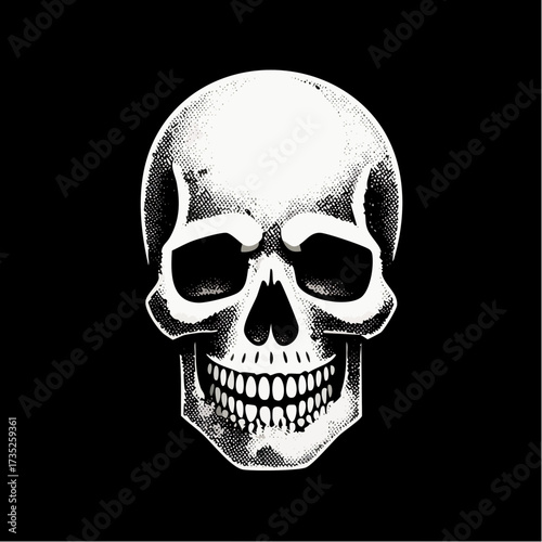 Grim Skull: A stark, detailed illustration of a human skull against a dark backdrop, evoking themes of mortality, danger, and artistic expression. 
