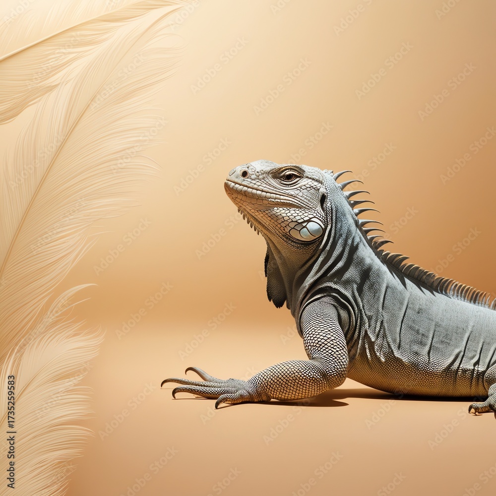 Obraz premium Minimalist Calm Lizard Wallpaper in 4K – Serene Reptile Sunbathing with Detailed Skin Texture on Soft Tan Background, Elegant and Relaxing Animal Design