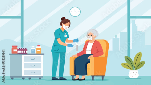Nurse giving vaccine injection to elderly woman in medical clinic illustration
