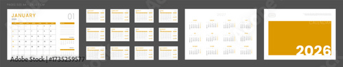 2026 Calendar Planner Set of Template grid Monthly Page with Note, Cover with Place for Photo, Company Logo, Annual 2027. Vector layout of wall or desk calend with week start Sunday in print. Pages A4