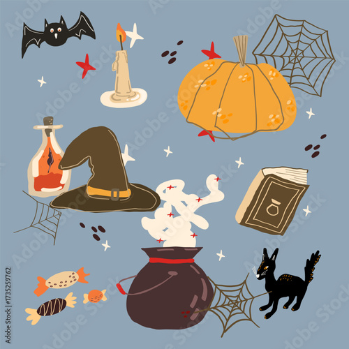Halloween vector set with pumpkin, witch hat, cauldron, black cat, spider web, candle and candies