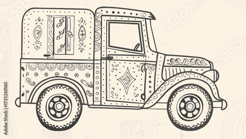 Detailed line art of a vintage truck decorated with patterns and floral elements for coloring book pages
