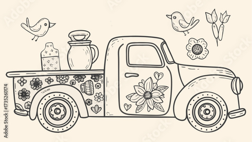A vintage truck decorated with flowers and carrying jars with birds flying around on a light background
