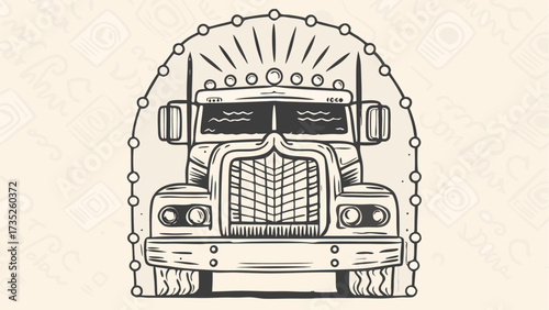 Illustration of a truck with a decorative arch of circles and radiating lines above the vehicle