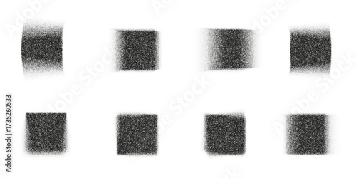 Set of noisy grain rectangle and square shapes, blurry halftone gradient texture, black and white stipple abstract dotted noise pattern, grunge geometric element for poster, cover, digital design