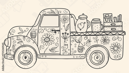 Illustration of a vintage truck adorned with floral designs carrying tea set and stationery items on its bed