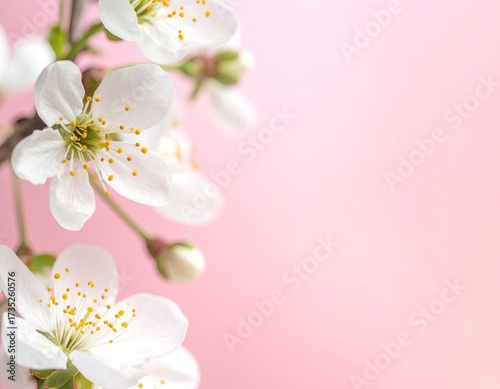 Delicate White Blossoms on Pink Background with Vibrant Yellow Stamens for Floral Themes and Springtime Greetings