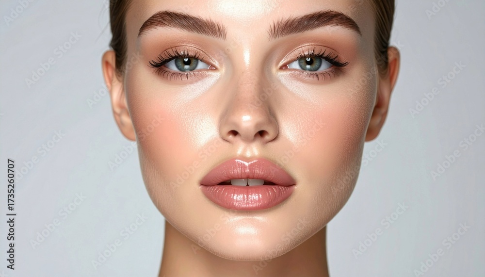 Fototapeta premium Portrait of a woman with radiant skin, glossy lips, and soft makeup, capturing sophistication and grace.