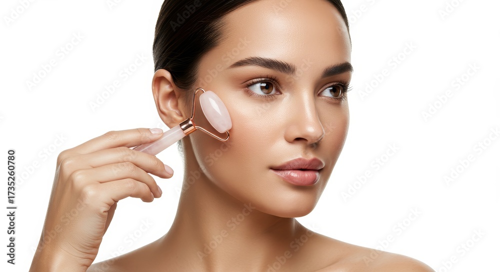 Fototapeta premium Woman using a rose quartz facial roller to massage her cheek, promoting skincare and well-being. Beauty ritual for rejuvenated skin.