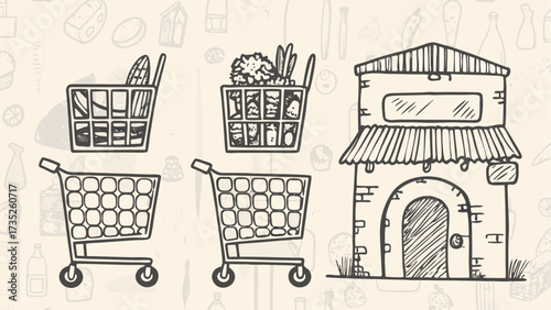 Illustration showing shopping carts with groceries and a store front in a hand drawn style vector art