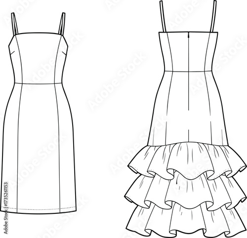 Fashion dress sketch, technical illustration, tiered ruffle design, sheath silhouette, garment template, front back view, apparel drawing, vector fashion, clothing concept