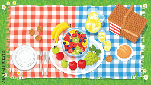 An overhead view of a colorful picnic spread on a checkered blanket with fresh fruit salad, lemonade, and a basket.