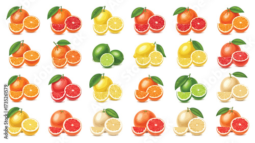 Colorful collection of fresh citrus fruits, including oranges, lemons, limes, and grapefruits, illustrated whole and in slices on a white background.