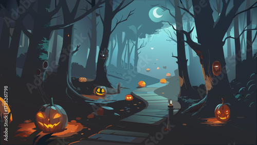 Halloween night forest scene with pumpkins and moon spooky halloween landscape illustration vector art | editable svg