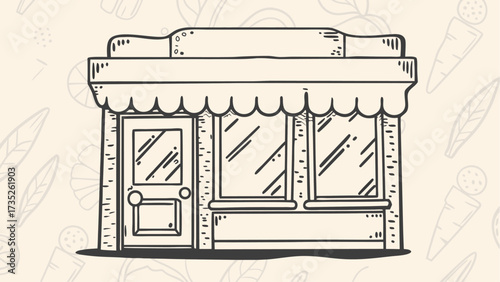 Illustration of a storefront with awning and door, surrounded by vegetable and fruit outlines design