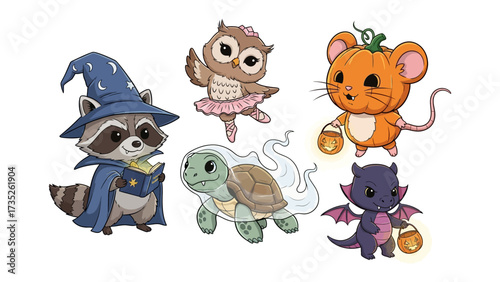 Magical Creatures Illustrations: a captivating ensemble of whimsical cartoon animal illustrations, including a raccoon wizard, an owl ballerina, a mouse, a turtle, and a dragon.