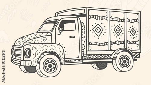 Detailed line drawing of a vintage truck with decorative elements and patterned cargo container design